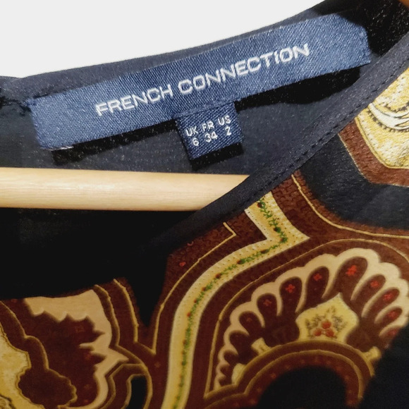 💚5/$25 French Connection 100% Silk Sultan Print Mid Mod Shift Dress Size 2 - Picture 4 of 6